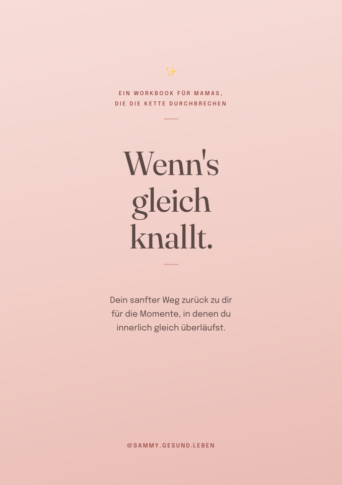 Cover des Workbooks „Wenn's gleich knallt“ in Altrosa mit dem Untertitel „Dein sanfter Weg zurück zu dir für die Momente, in denen du innerlich gleich überläufst“
